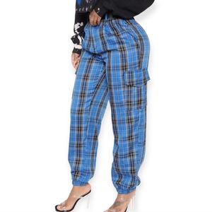 Womens Blue Plaid Cargo Pants